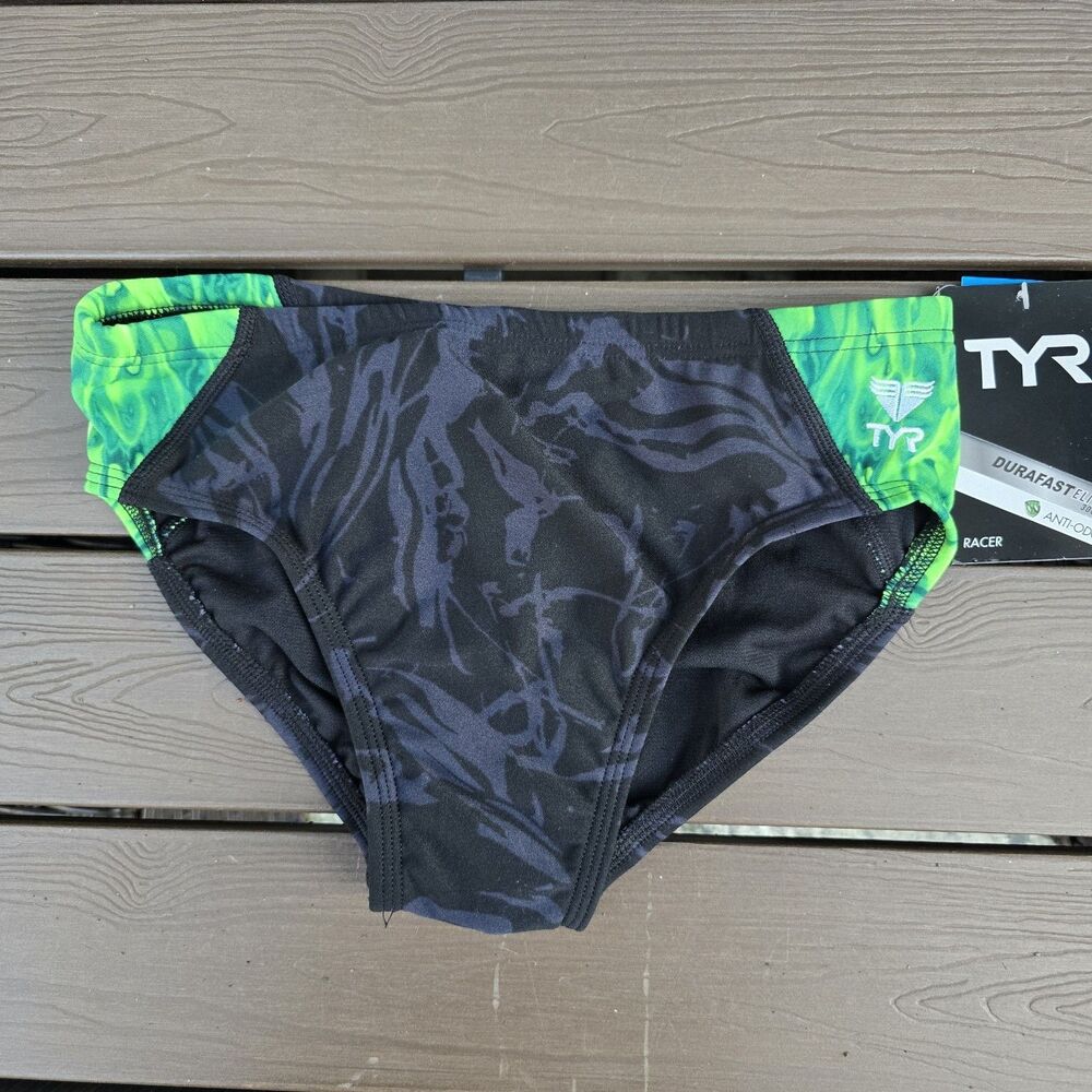 TYR Durafast Boy's Men's Ignis Splice black/green Swim Racer Brief Sz 30 New
